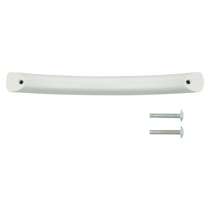 Möbelgriff - L x B x H: 151 x 16 x 34 mm, Aluminium, Lochabstand: 128 mm - Weißer, gebogener Türgriff mit zwei silbernen Schrauben zur Befestigung, ideal für moderne Möbel und einfache Montage.