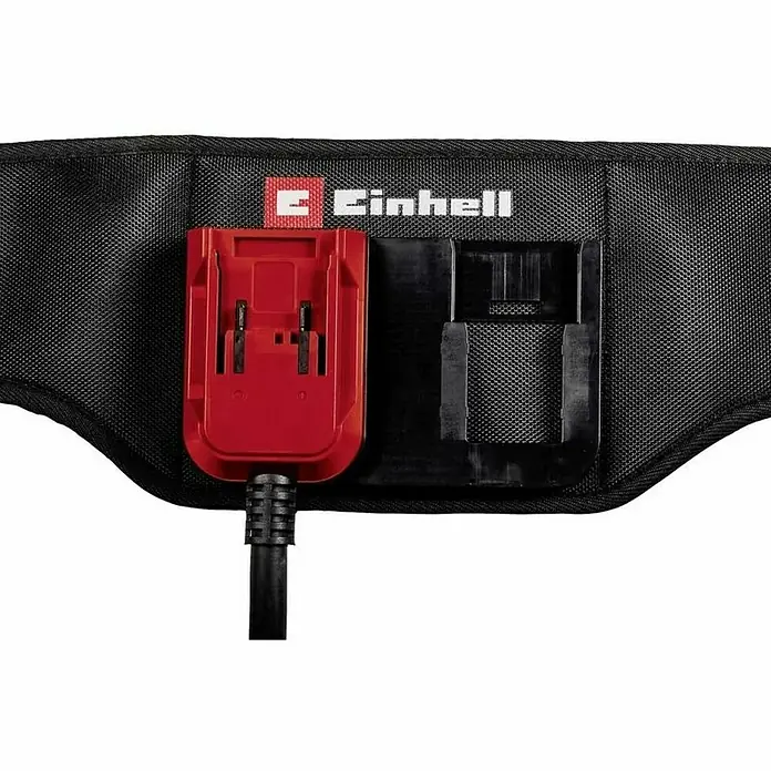Einhell Cinturón GE-PB 36/18 Li - Largo: 150 cm, Específico para: Equipos de 18 V y 36 V Power X-Change - Adaptador de batería Einhell Power X-Change con soporte de batería rojo y montaje negro, sobre un fondo de tela negra.
