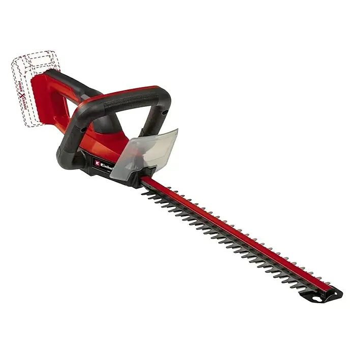 Einhell Power X-Change 18V Akku-Heckenschere GC-CH 18/40 Li Solo - 18 V, Li-Ionen, Ohne Akku, Schnittlänge: 40 cm - Akku-Heckenschere von Einhell mit rotem Gehäuse und silbernen Klingen für präzise Gartenschnitte. Ideal für kabelloses Arbeiten.