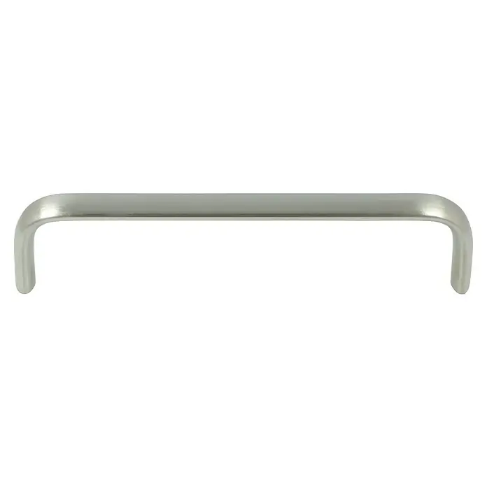 Häfele Möbelgriff - Typ Möbelgriff: Bügel, L x B x H: 102 x 12 x 30 mm, Lochabstand: 96 mm - Eine silberne, gebogene Griffstange für Möbel oder Schubladen, die ein elegantes und modernes Design aufweist.
