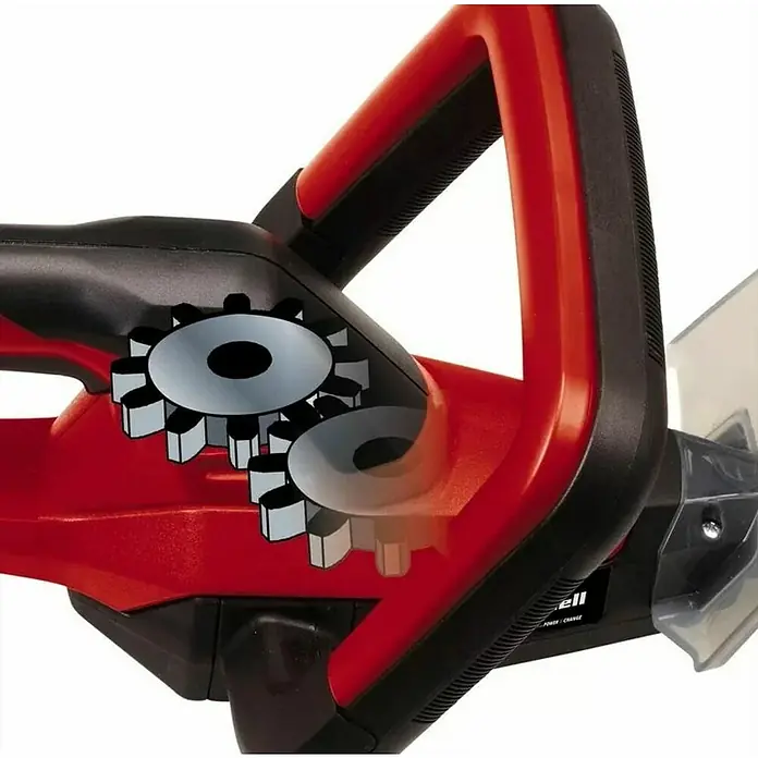 Einhell Power X-Change 18V Akku-Heckenschere GC-CH 18/40 Li Solo - 18 V, Li-Ionen, Ohne Akku, Schnittlänge: 40 cm - Nahaufnahme einer roten Heckenschere mit hervorgehobenen Zahnrädern, die die Mechanik des Produkts hervorheben.