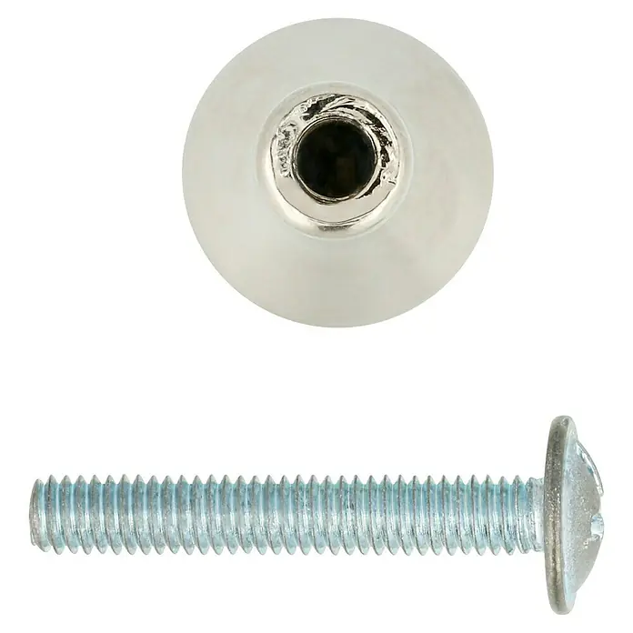 Möbelknopf - Typ Möbelgriff: Knopf, Ø x H: 15 x 22 mm, Sonstige, Vernickelt - Nahaufnahme eines weißen Möbelknopfs mit einer silbernen Einfassung und einer dazugehörigen Schraube.
