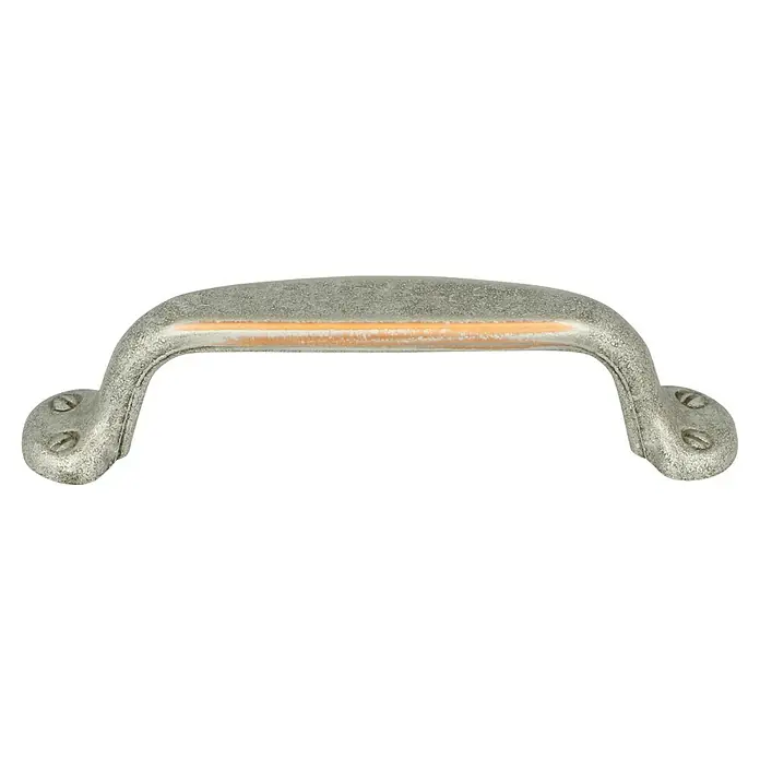 Möbelgriff - Typ Möbelgriff: Bügel, Silber - Grauer, gebogener Möbelgriff mit sichtbaren Schrauben für die Befestigung an Schränken oder Schubladen, ideal für rustikale Designs.