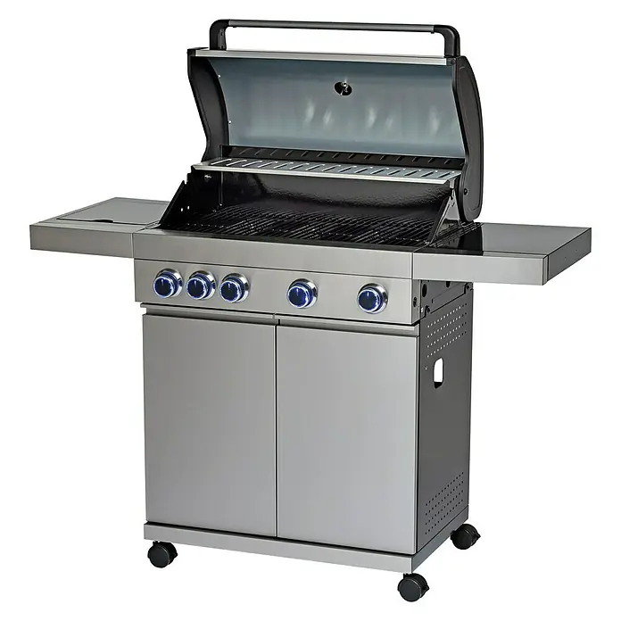 Grillstar Barbacoa de gas Atlanta II 450 - Superficie de la parrilla (An x Pr): 73 x 41,5 cm, 17 kW, Número de quemadores: 4 - Barbacoa de gas de acero inoxidable de alta calidad con cuatro quemadores, ideal para los amantes de las parrillas, con estantes laterales y armario.