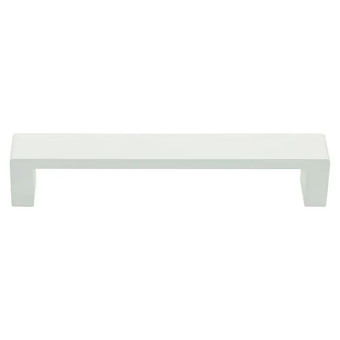Möbelgriff - Typ Möbelgriff: Bügel, L x B x H: 138 x 21 x 26 mm, Aluminium - Nahaufnahme einer weißen Bank, die ein schlichtes, modernes Design mit klaren Linien und einer minimalistischen Ästhetik aufweist.