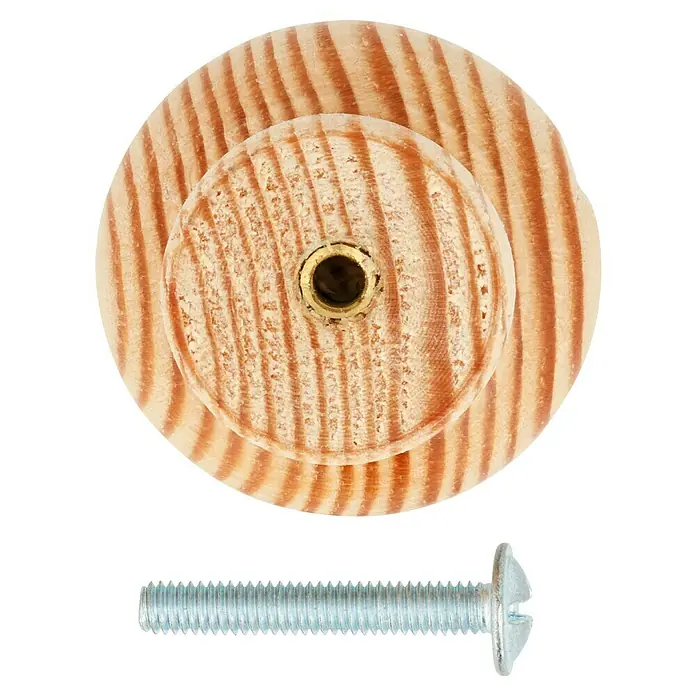Möbelknopf - Typ Möbelgriff: Knopf, Ø x H: 35 x 29 mm, Holz, Sonstige - Detailaufnahme eines Holzknopfes mit Schraube, ideal für Möbel. Das Holz hat eine natürliche Maserung, die jedes Stück einzigartig macht.