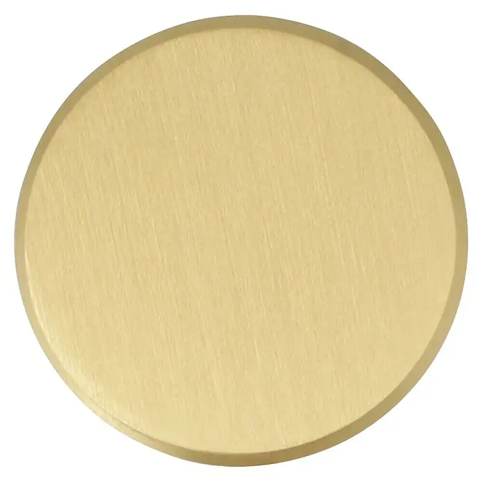 Häfele Pomo para muebles - Tipo de tirador del mueble: Botón, Ø x Al: 20 x 25 mm, Dorado - Primer plano de una placa metálica redonda y dorada con una textura sutil, sobre un fondo negro.