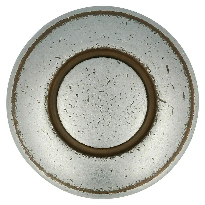 Möbelknopf - Typ Möbelgriff: Knopf, Ø x H: 31 x 26 mm - Nahaufnahme einer runden, silberfarbenen Abdeckung mit einem markanten braunen Ring in der Mitte, die eine robuste und doch raffinierte Ästhetik aufweist.