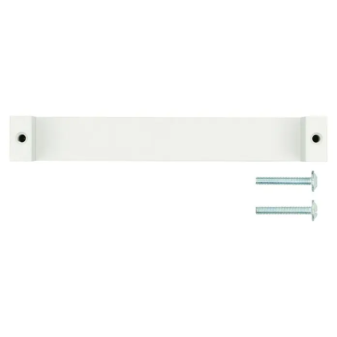 Möbelgriff - Typ Möbelgriff: Bügel, L x B x H: 138 x 21 x 26 mm, Aluminium - Nahaufnahme eines weißen Möbelgriffs mit Schrauben, ideal für Schränke und Schubladen, minimalistisches Design.