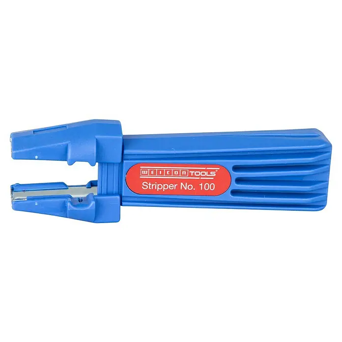 Weicon Stripper No. 100 - Verwendung: Abmanteln - Nahaufnahme eines blauen Weicon Tools Stripper No. 100, einem Werkzeug zum Abisolieren von Kabeln, ideal für Elektriker und Handwerker.