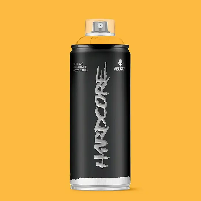 mtn Pintura decorativa en spray Hardcore - Peach, Brillante, 400 ml - Bote de spray negro MTN Hardcore con letras plateadas sobre fondo amarillo.