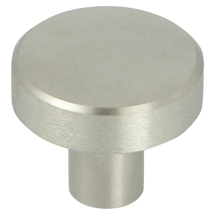 Häfele Pomo para muebles - Tipo de tirador del mueble: Botón, Diámetro: 25 mm - Primer plano de un tirador de mueble redondo de color plateado con un acabado cepillado sobre un fondo negro.