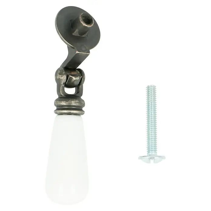 Häfele Tirador para muebles - Porcelana, Blanco - Primer plano de un tirador de armario con un mango de porcelana blanca en forma de lágrima, acompañado de un tornillo a juego para su instalación.