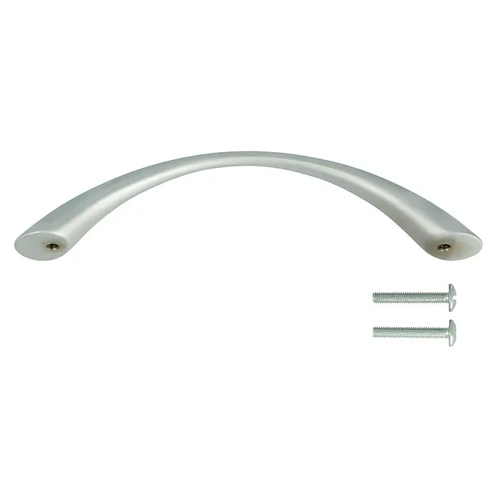 Möbelgriff - Typ Möbelgriff: Bügel, Sonstige, Vernickelt, Länge: 151 mm - Nahaufnahme eines silberfarbenen Möbelgriffs mit Schrauben, ideal für Schränke oder Schubladen. Elegantes Design für moderne Einrichtungen.