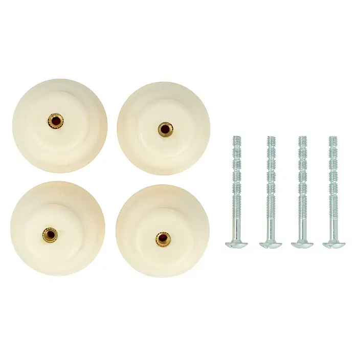 Möbelknopf-Set - 4 Stk., Typ Möbelgriff: Knopf, Ø x H: 40 x 29 mm, Sonstige, Sonstige - Nahaufnahme von vier cremefarbenen Möbelknöpfen und vier Bolzen auf einem schwarzen Hintergrund.