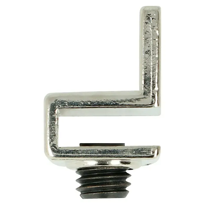 Häfele Pomo para puerta de vidrio - Apto para: Grosor del vidrio 4 - 6 mm, L x An x Al: 20 x 20 x 28 mm, Zinc fundido, Plateado, Amortiguador de plástico - Primer plano de una bisagra plateada con tornillo. Ideal para reparación de muebles o proyectos de bricolaje, robusta y fabricada con precisión.