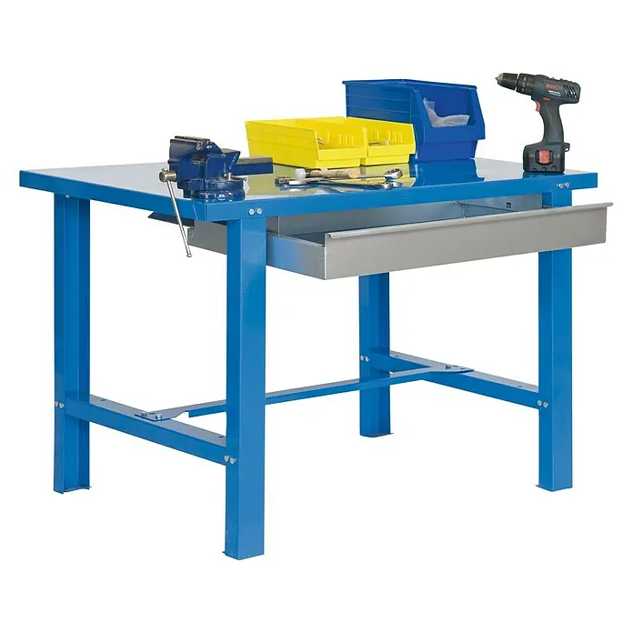 Simonrack Simonwork Banco de trabajo BT6 Box Metal - L x An: 73 x 120 cm, Altura de trabajo: 83 cm, Carga soportada: 600 kg, Azul - Banco de trabajo azul con tornillo de banco, cajón, contenedores de herramientas y taladro, diseñado para tareas de taller.
