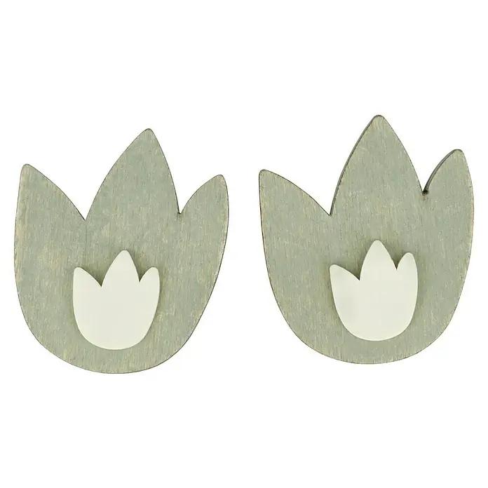 Möbelknopf-Set Tulpe - 2 Stk., Typ Möbelgriff: Knopf, Ø x H: 57 x 32 mm, Holz, Lackiert - Ein Paar blassgrüne Holzohrringe in Tulpenform mit weißem Akzent in der Mitte. Handgefertigter Schmuck mit natürlichem Look.