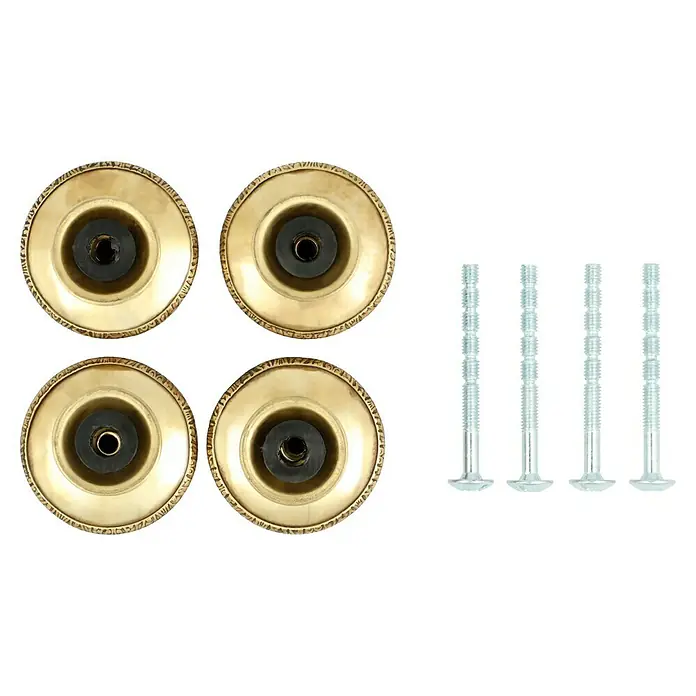 Möbelknopf-Set - 4 Stk., Typ Möbelgriff: Knopf, Ø x H: 37 x 28 mm, Vergoldet - Nahaufnahme von vier goldenen Möbelknöpfen mit Schrauben, ideal für die stilvolle Aufwertung von Möbeln. Ein echter Blickfang!