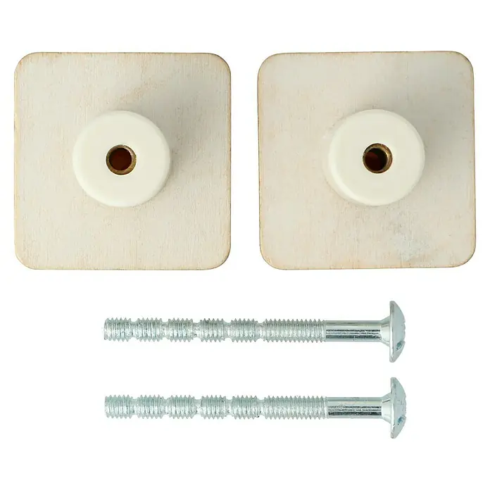 Möbelknopf-Set - 2 Stk., Typ Möbelgriff: Knopf, Ø x H: 35 x 32 mm, Holz, Lackiert - Zwei Holzknöpfe mit Schrauben. Die Knöpfe sind quadratisch und haben eine runde, weiße Mitte mit einem Loch für die Schraube.