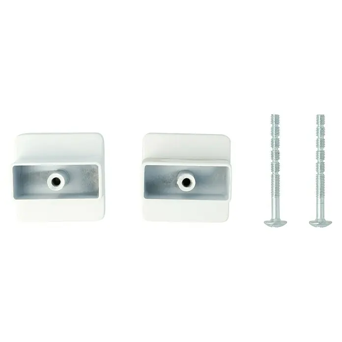 Möbelknopf-Set - 2 Stk., Typ Möbelgriff: Knopf, Ø x H: 38 x 21 mm, Sonstige, Sonstige, Weiß/Kork - Nahaufnahme von zwei weißen Befestigungswinkeln und zwei Schrauben, die für die Installation von Produkten verwendet werden können.
