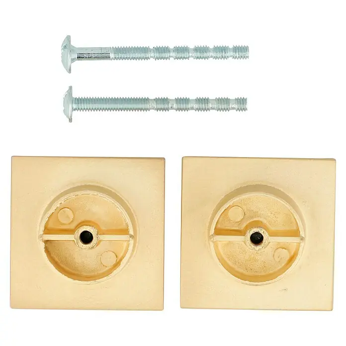 Möbelknopf-Set - 2 Stk., Typ Möbelgriff: Knopf, Ø x H: 40 x 16 mm, Sonstige, Vergoldet, Gold - Nahaufnahme von zwei goldenen quadratischen Sockeln mit Schrauben, die das Zubehör für die Installation zeigen.