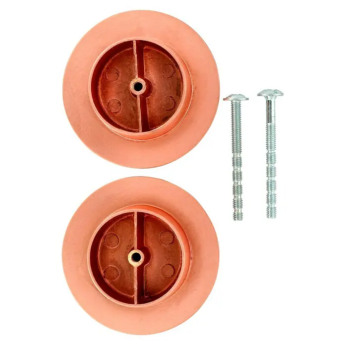 Möbelknopf-Set - 2 Stk., Typ Möbelgriff: Knopf, Ø x H: 60 x 19 mm, Roségold - Zwei orangefarbene Toilettensitzpuffer mit zwei silbernen Schrauben, die eine einfache und sichere Installation ermöglichen.
