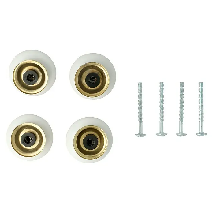 Möbelknopf-Set - 4 Stk., Typ Möbelgriff: Knopf, Ø x H: 38 x 29 mm, Porzellan, Gold, Weiß - Satz von vier Schrankknöpfen mit Schrauben. Die weißen Keramikknöpfe haben eine goldene Basis und werden mit Schrauben geliefert.
