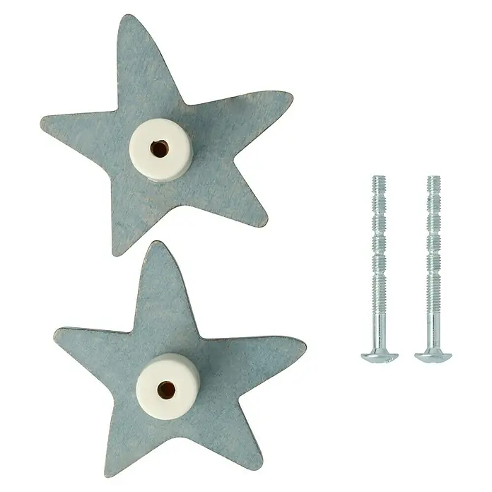 Möbelknopf-Set Stern - 2 Stk., Typ Möbelgriff: Knopf, Ø x H: 60 x 32 mm, Holz, Lackiert - Zwei blaue Sternknöpfe aus Holz mit Schrauben für Möbel oder Schubladen.