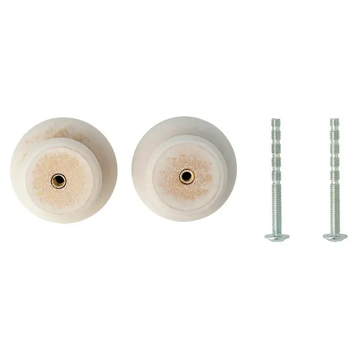 Möbelknopf-Set - 2 Stk., Ø x H: 37 x 29 mm, Holz - Nahaufnahme von zwei hellen Holzknöpfen und zwei passenden silbernen Schrauben.