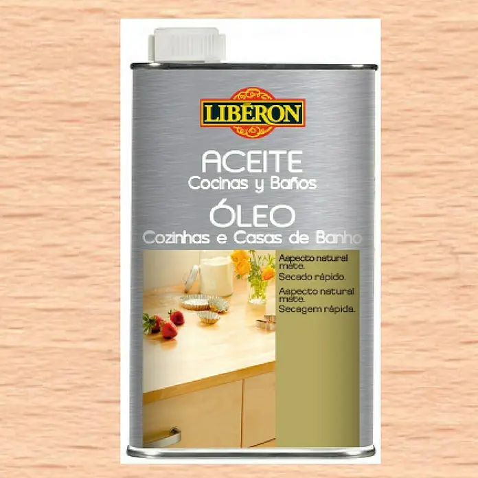 Libéron Aceite Cocina y baño - Incoloro, 500 ml - Una lata de aceite para cocinas y baños Liberon con la imagen de una cocina.
