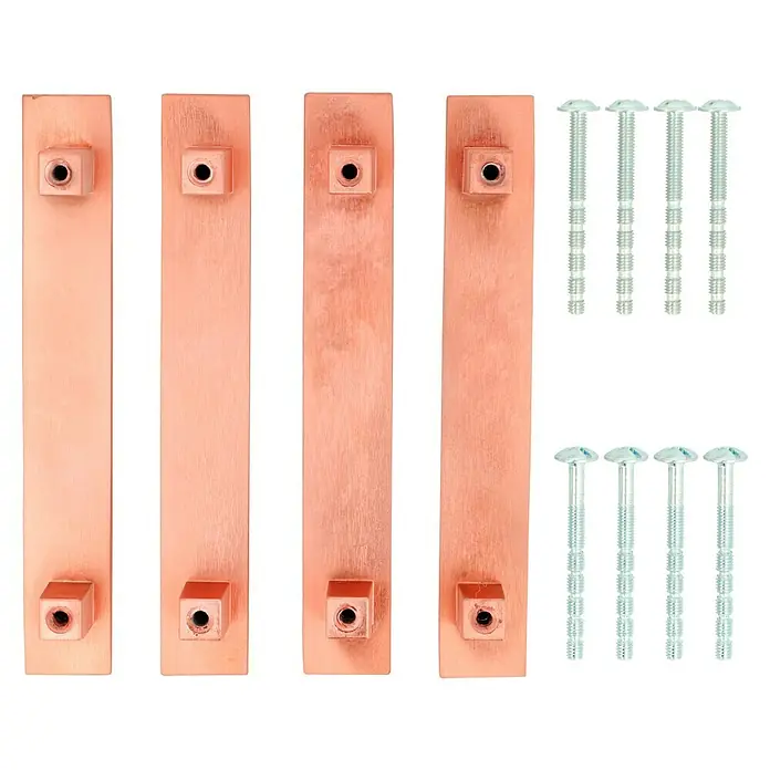 Möbelgriff-Set - 4 Stk., Typ Möbelgriff: Stange, L x B x H: 129 x 20 x 23 mm, Sonstige, Vergoldet, Roségold - Kupferfarbene Möbelgriffe mit Schrauben. Die Griffe sind schmal und rechteckig.