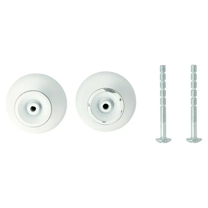 Möbelknopf-Set - 2 Stk., Typ Möbelgriff: Knopf, Ø x H: 37 x 26 mm, Leder, Sonstige, Weiß, Silber - Nahaufnahme von zwei weißen runden Möbelknöpfen mit Schrauben, ideal für die Renovierung von Möbeln und Schubladen.