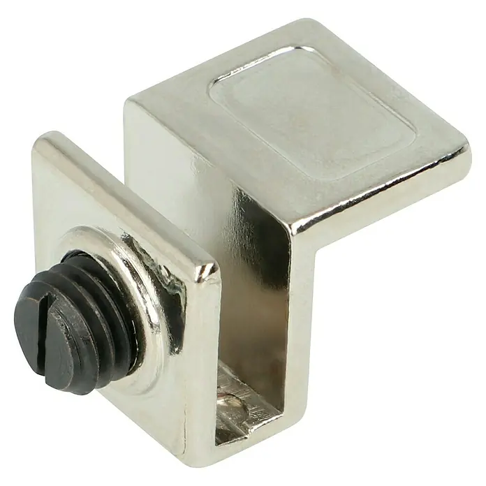 Häfele Pomo para puerta de vidrio - Apto para: Grosor del vidrio 4 - 6 mm, L x An x Al: 20 x 20 x 28 mm, Zinc fundido, Plateado, Amortiguador de plástico - Imagen detallada de una pinza de vidrio cromada con un tornillo negro para asegurar paneles de vidrio.