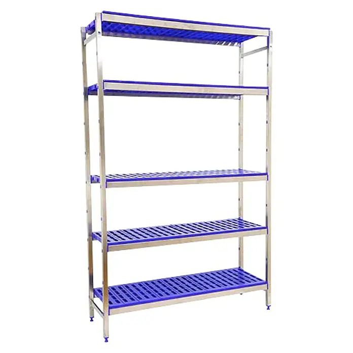 Simonrack Simoninox Metallregal Grundelement - H x B x T: 160 x 329 x 40 cm, Traglast pro Boden: 180 kg, Anzahl Böden: 5 Stk., Stecken, Material Boden: Kunststoff - Abgebildetes Produkt: Ein stabiles, silberfarbenes Regal mit fünf blauen Gitterböden, ideal für Lagerung und Organisation.