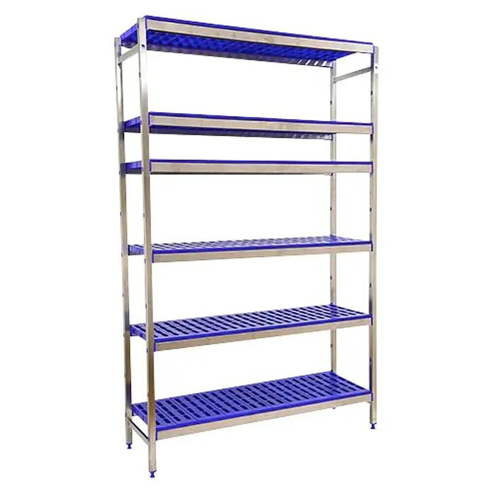 Simonrack Simoninox Metallregal Grundelement - H x B x T: 200 x 329 x 50 cm, Traglast pro Boden: 180 kg, Anzahl Böden: 6 Stk., Stecken, Material Boden: Kunststoff - Ein vielseitiges Regal mit sechs blauen Gitterböden und einem robusten Stahlrahmen. Ideal für Lagerung und Organisation in verschiedenen Umgebungen.