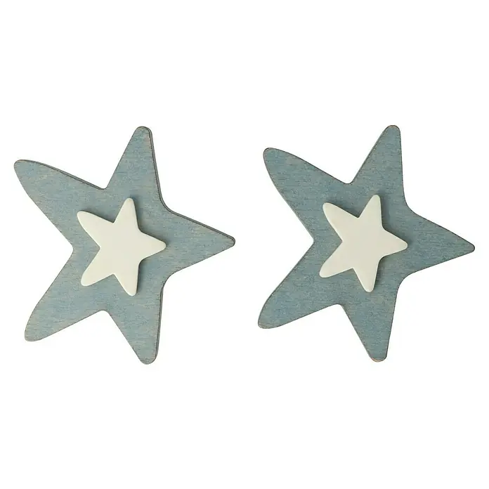 Möbelknopf-Set Stern - 2 Stk., Typ Möbelgriff: Knopf, Ø x H: 60 x 32 mm, Holz, Lackiert - Zwei bezaubernde, hellblaue Holzsterne mit kleineren, cremefarbenen Sternen verziert, die eine charmante und festliche Atmosphäre schaffen.
