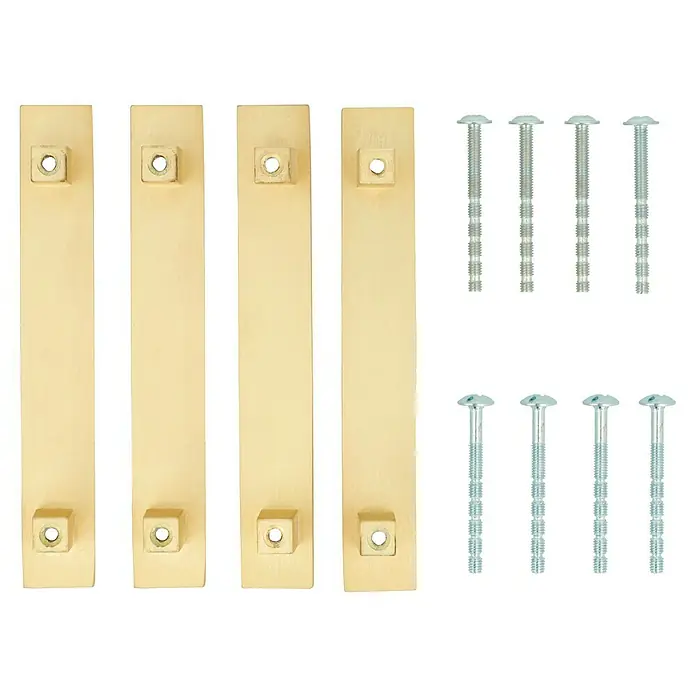 Möbelgriff-Set - 4 Stk., Typ Möbelgriff: Stange, L x B x H: 129 x 20 x 23 mm, Sonstige, Vergoldet, Gold, Messing - Vier goldfarbene, rechteckige Schubladengriffe mit Schrauben für eine einfache Montage an Möbeln, Türen und Schränken.