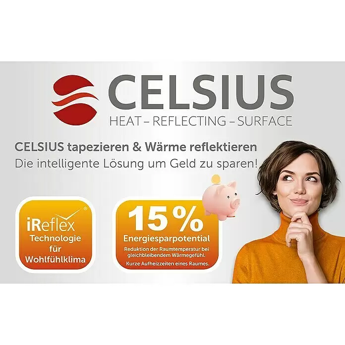Marburg Vliestapete CELSIUS - Weiß/Aluminium, L x B: 10,05 x 0,53 m - Marketingbild für Celsius wärmereflektierende Tapete, zeigt 15 % Energieersparnis und iReflex Komforttechnologie mit Frau und Sparschwein.