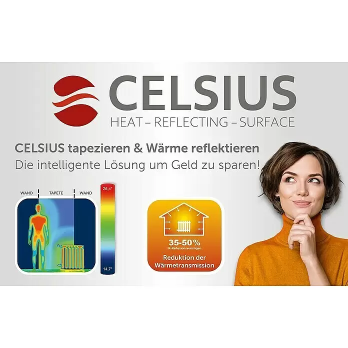Marburg Vliestapete CELSIUS - Weiß/Aluminium, L x B: 10,05 x 0,53 m - Celsius wärmereflektierende Tapete reduziert die Wärmetransmission um 35-50% durch IR-Reflexion, um Heizkosten zu sparen.