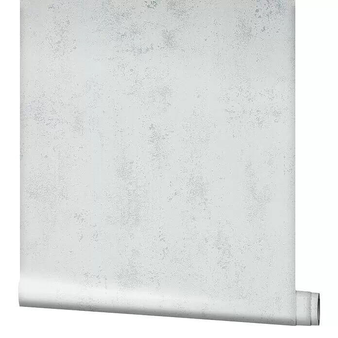 Marburg Vliestapete CELSIUS - Weiß/Aluminium, L x B: 10,05 x 0,53 m - Hellgraue, texturierte Tapetenrolle mit Betonoptik, teilweise abgerollt.