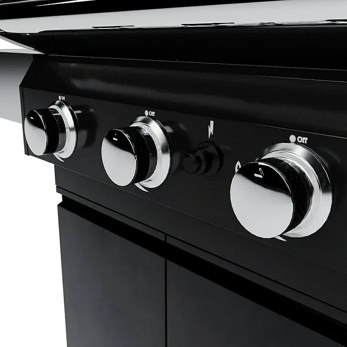 Grillstar Gasgrill Powerburner 350-1 - Grillfläche (B x T): 57 x 41 cm, 8,79 kW, Anzahl Brenner: 3 - Nahaufnahme eines schwarzen Grills mit verchromten Knöpfen zur Steuerung der Hitze und einem Zündknopf.