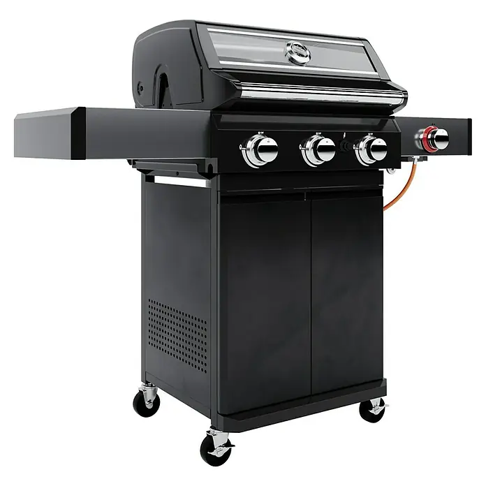 Grillstar Gasgrill Powerburner 350-1 - Grillfläche (B x T): 57 x 41 cm, 8,79 kW, Anzahl Brenner: 3 - Hochwertiger, schwarzer Gasgrill mit drei Brennern, Seitentisch und Unterschrank auf Rollen für einfachen Transport.