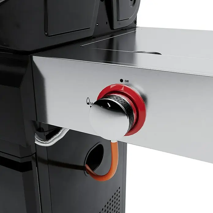 Grillstar Gasgrill Powerburner 350-1 - Grillfläche (B x T): 57 x 41 cm, 8,79 kW, Anzahl Brenner: 3 - Detailaufnahme eines Gasgrills mit silberner Oberfläche, rotem Drehknopf und schwarzem Gehäuse. Der Fokus liegt auf der präzisen Verarbeitung.