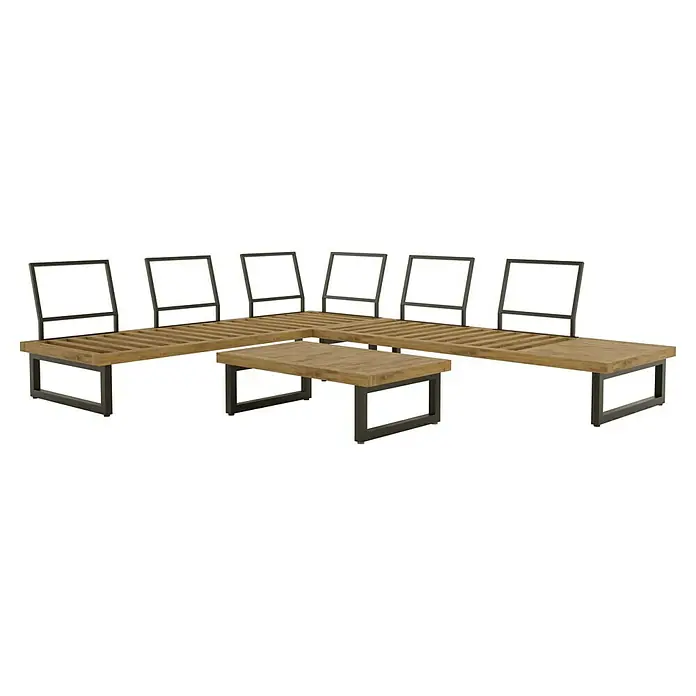 Sunfun Zoe Loungemöbel-Set - 3 -tlg., Teak/Stahl, Dunkelgrau - Holzmöbel-Set mit Eckbank und Tisch. Das Set besteht aus einer Eckbank mit Metallrahmen und einer Tischplatte aus Holzlatten und einem passenden Tisch.