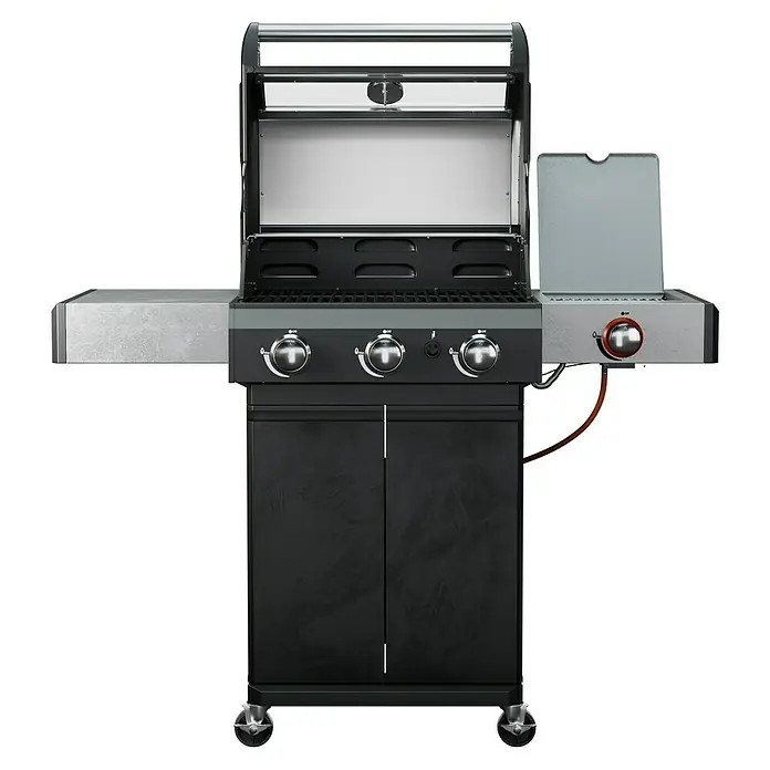 Grillstar Gasgrill Powerburner 350-1 - Grillfläche (B x T): 57 x 41 cm, 8,79 kW, Anzahl Brenner: 3 - Hier ist ein Grill mit offenem Deckel und Seitenteilen. Ein hochwertiger Gasgrill für perfekte Grillergebnisse und vielseitige Zubereitungsmöglichkeiten.