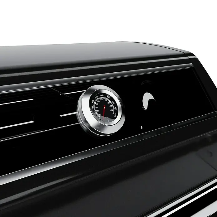 Grillstar Gasgrill Powerburner 350-1 - Grillfläche (B x T): 57 x 41 cm, 8,79 kW, Anzahl Brenner: 3 - Nahaufnahme eines schwarzen Grillthermometers mit silbernem Rand, das die Temperatur in Fahrenheit und Celsius anzeigt.