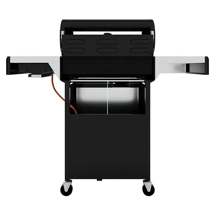 Grillstar Gasgrill Powerburner 350-1 - Grillfläche (B x T): 57 x 41 cm, 8,79 kW, Anzahl Brenner: 3 - Frontansicht eines schwarzen Gasgrills mit silbernen Ablageflächen, der auf Rollen steht und eine Gasflasche beherbergen kann.
