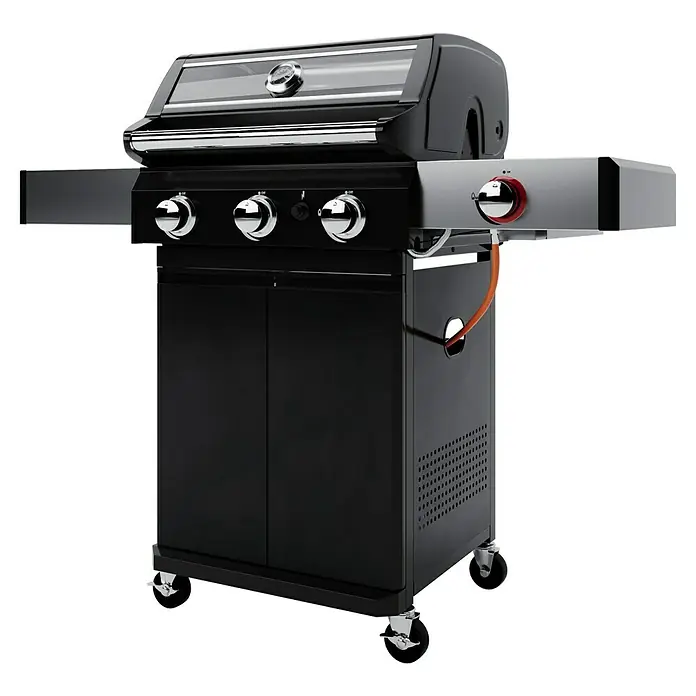 Grillstar Gasgrill Powerburner 350-1 - Grillfläche (B x T): 57 x 41 cm, 8,79 kW, Anzahl Brenner: 3 - Hier ist ein Bild von einem modernen schwarzen Grill mit silbernen Akzenten und einem Unterschrank für zusätzlichen Stauraum.