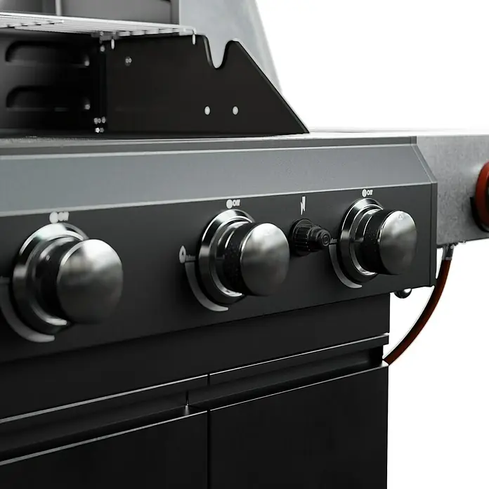 Grillstar Gasgrill Powerburner 350-1 - Grillfläche (B x T): 57 x 41 cm, 8,79 kW, Anzahl Brenner: 3 - Nahaufnahme eines schwarzen Gasgrills mit silbernen Drehknöpfen zur Temperaturregelung. Perfekt für Grillabende im Freien.